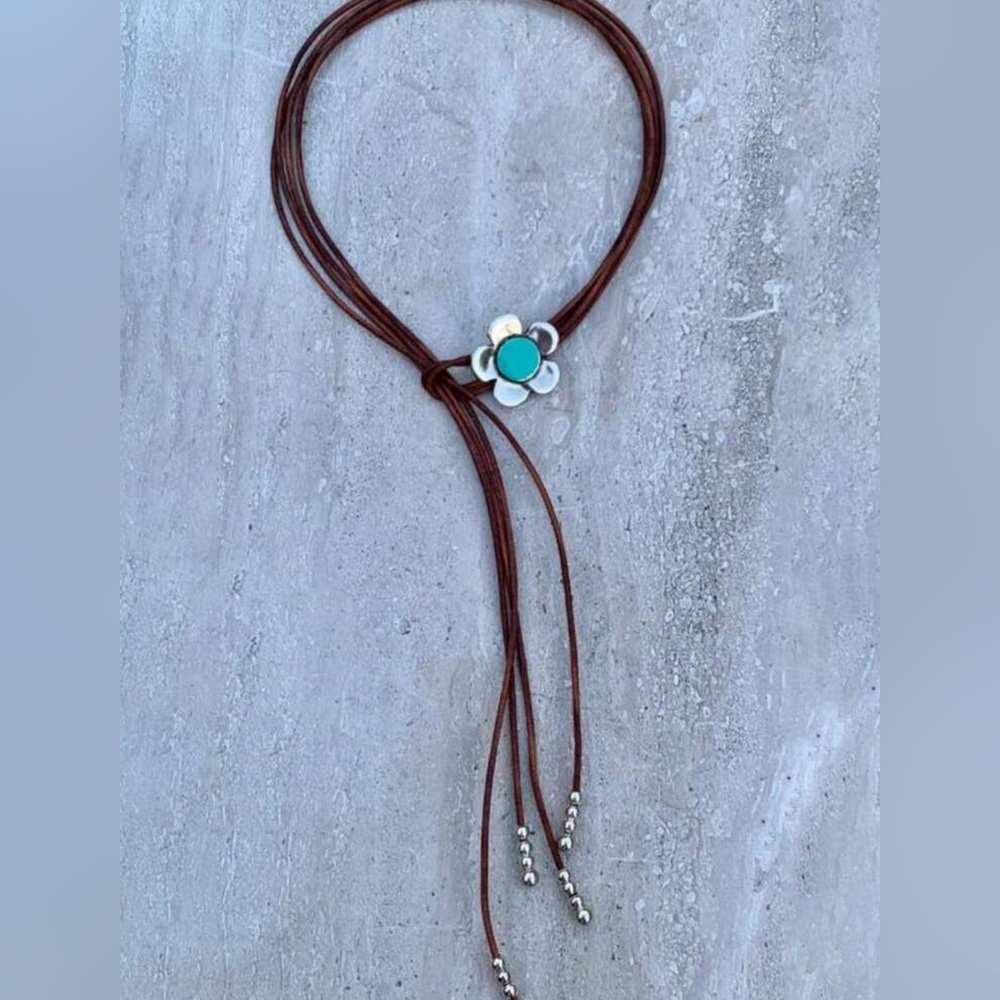 Anthropologie Brown Leather Lariat Necklace with Turquoise Flower Accent - Picture 2 of 6